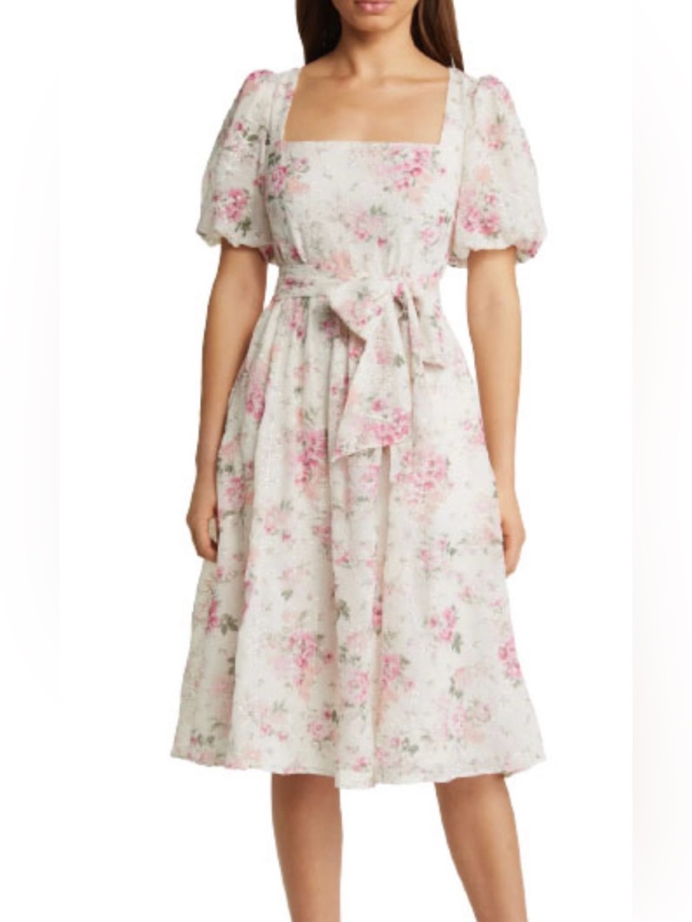 Eliza J Cream Midi Dress with Pink Floral Print and Tie Waist